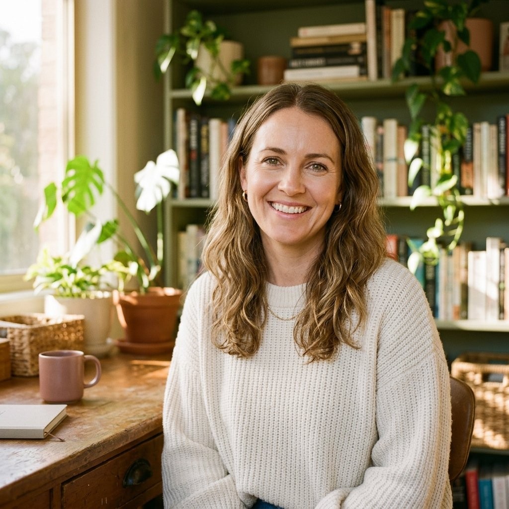 A warm friendly portrait of Jenna Whitlock, a fictional Australian personal-finance blogger in her late thirties with shoulder-length brown hair, wearing a soft cream jumper, sitting in a warmly lit home office with plants and books in the background, smiling gently at the camera in a natural blog-portrait style